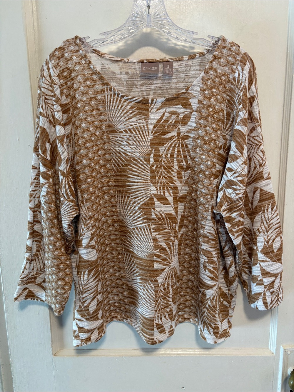 Chico's 3 Brown White Palm-Print Tropical Top XL